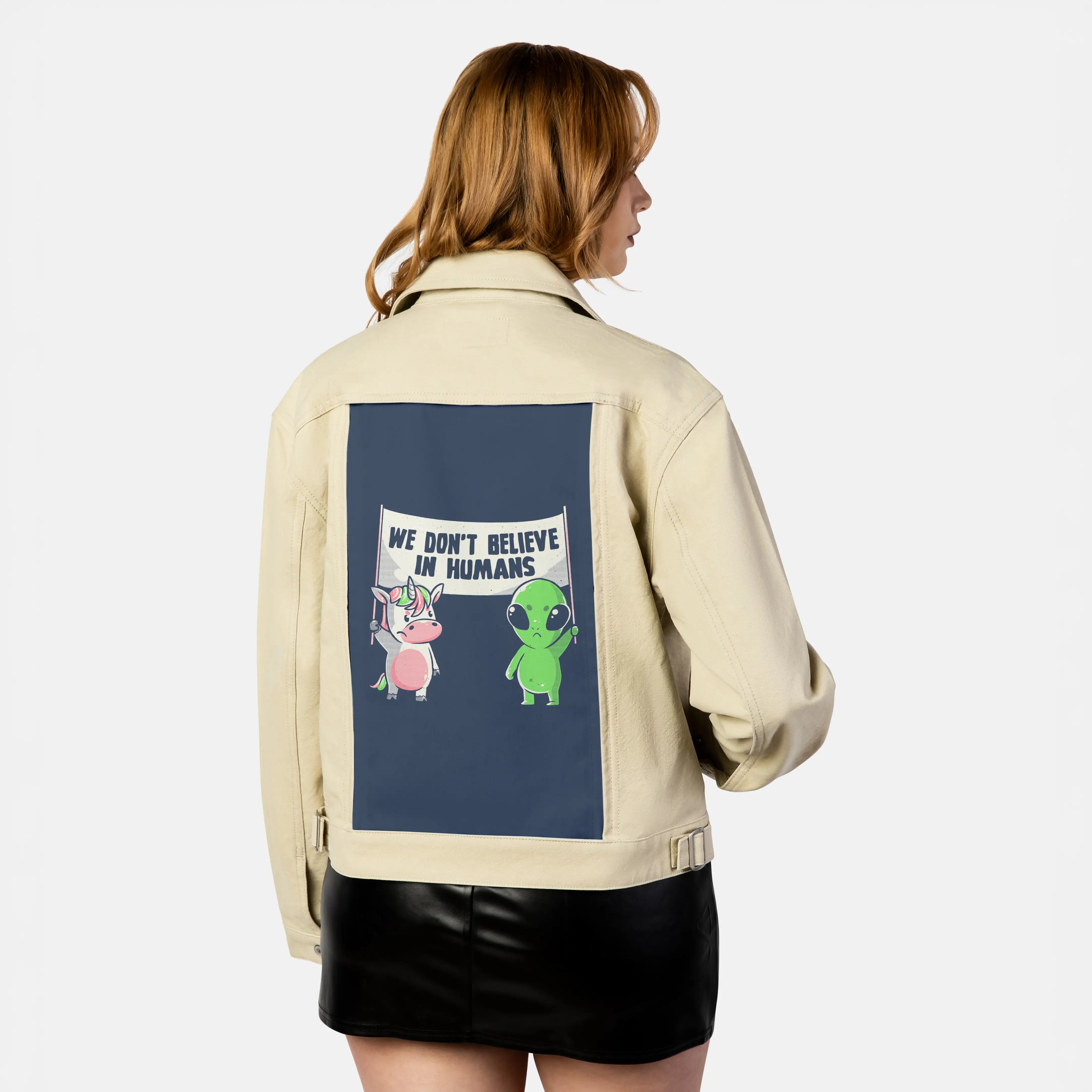 wedontbelieve patch on female atelier canvas jacket in tan