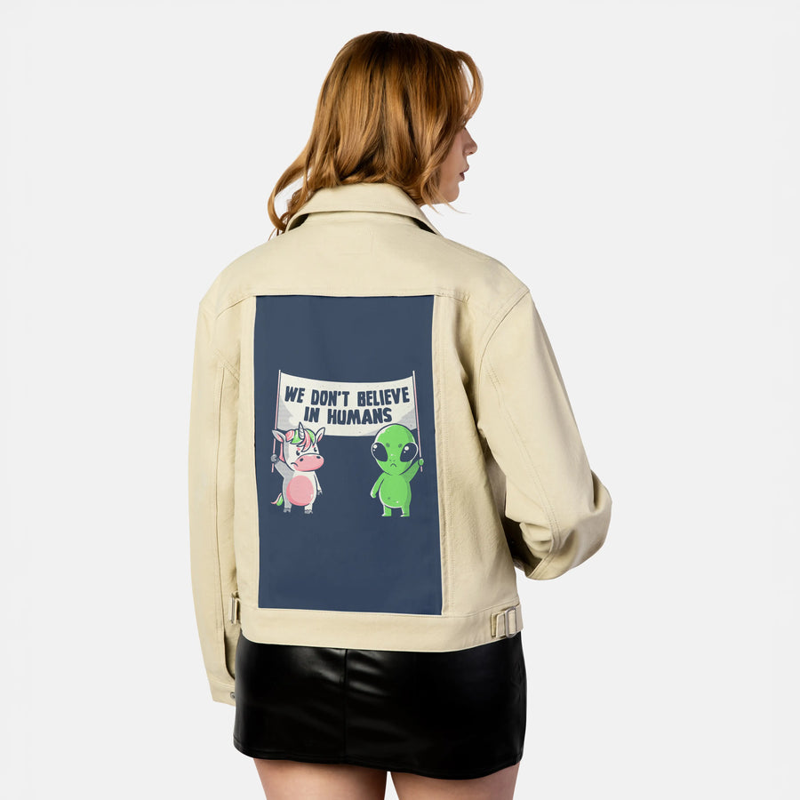 wedontbelieve patch on female atelier canvas jacket in tan