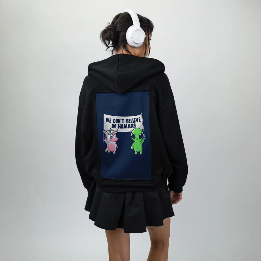 wedontbelieve patch on female essential zip hoodie in after hours