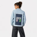 wedontbelieve patch on female og denim jacket in oceanside