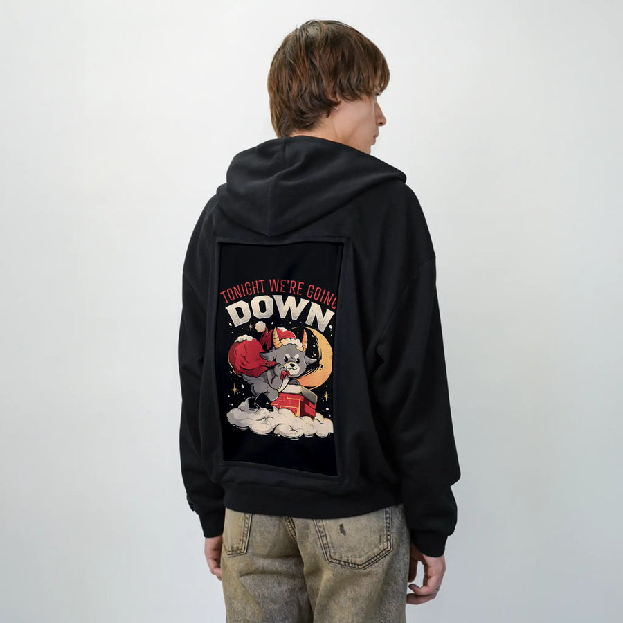 weregoingdown patch on male essential zip hoodie in after hours