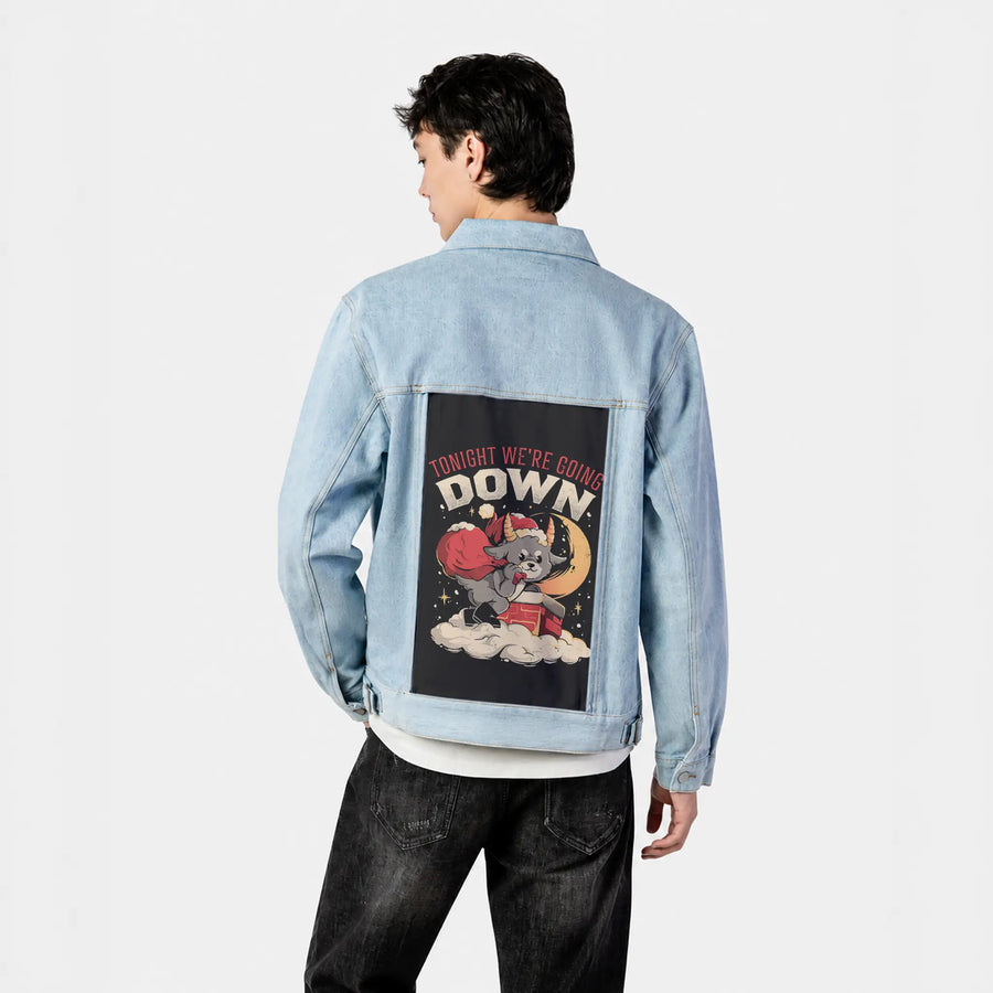 weregoingdown patch on male og denim jacket in oceanside