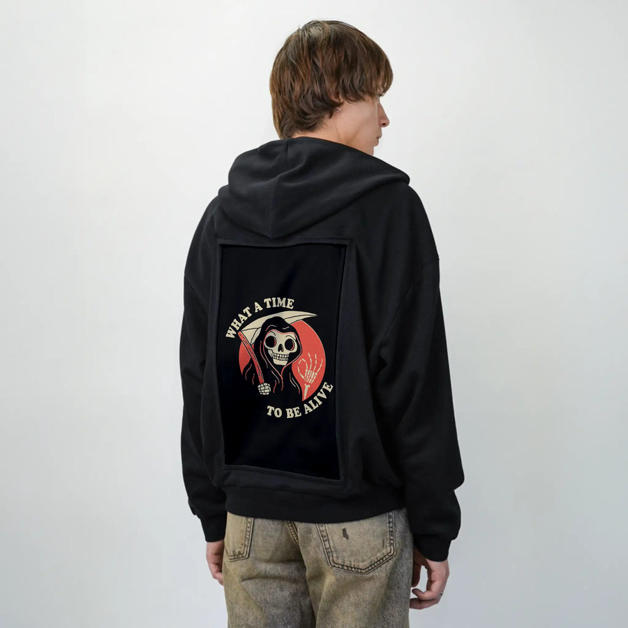 whatatimetobealive patch on male essential zip hoodie in after hours