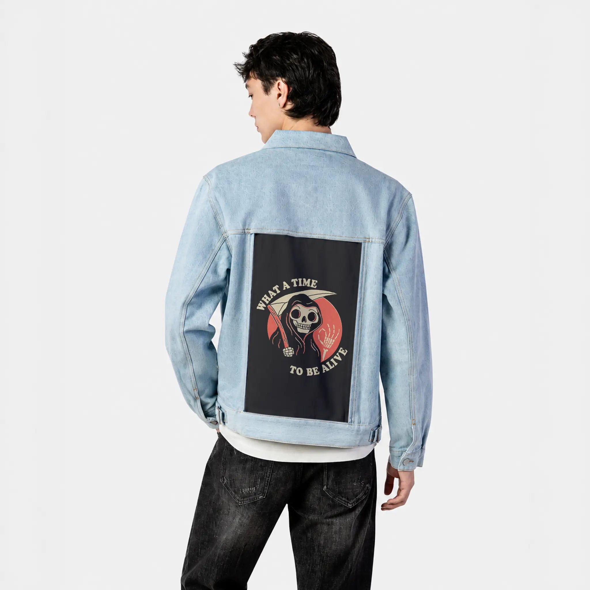 whatatimetobealive patch on male og denim jacket in oceanside