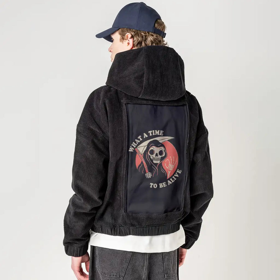 whatatimetobealive patch on male retro cord hoodie in onyx