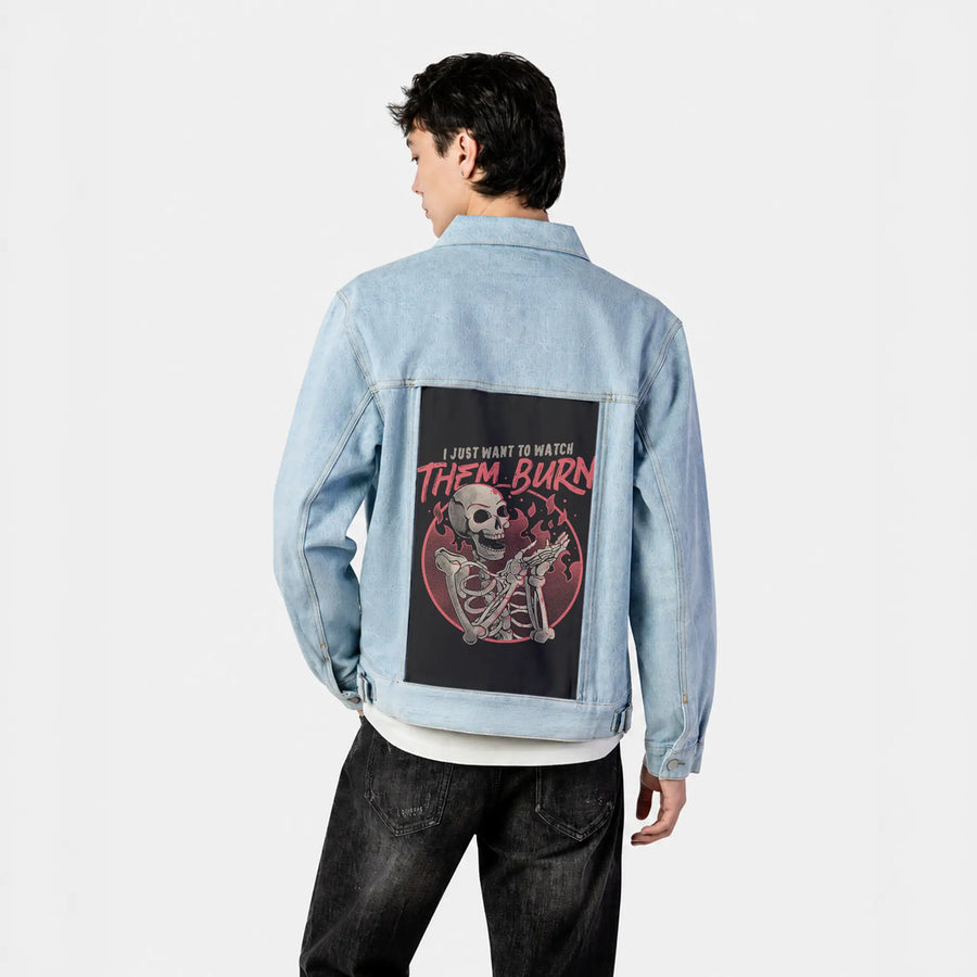whatchthemburn patch on male og denim jacket in oceanside