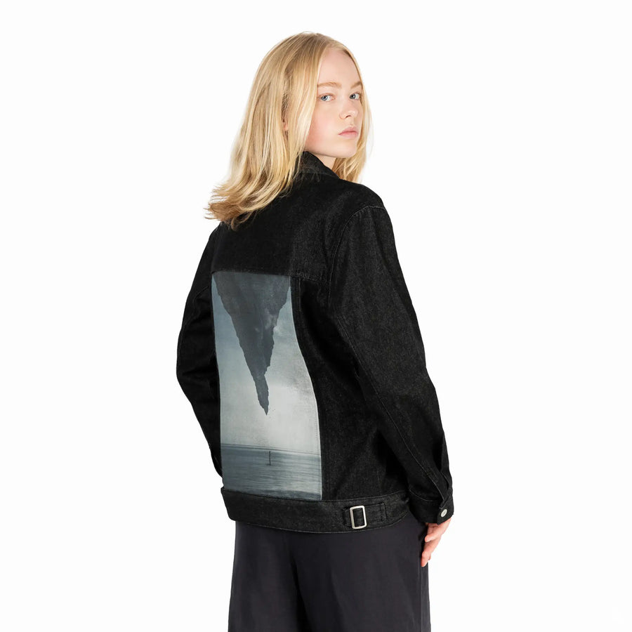 whatif patch on female og denim jacket in raven