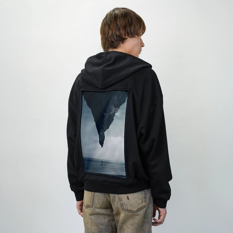 whatif patch on male essential zip hoodie in after hours