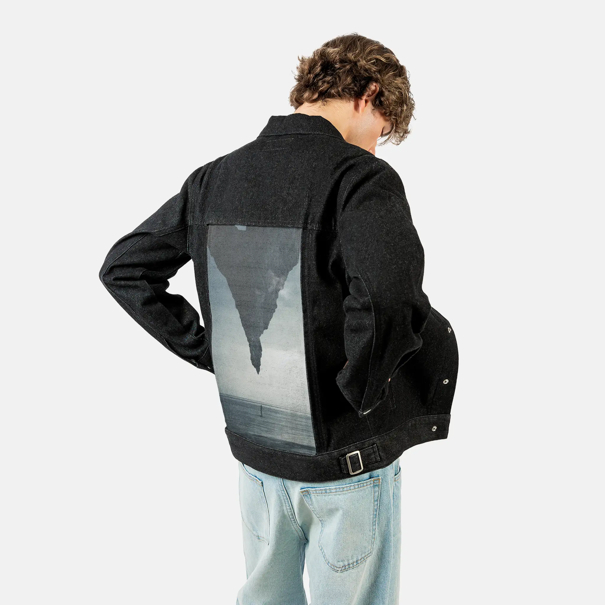 whatif patch on male og denim jacket in raven