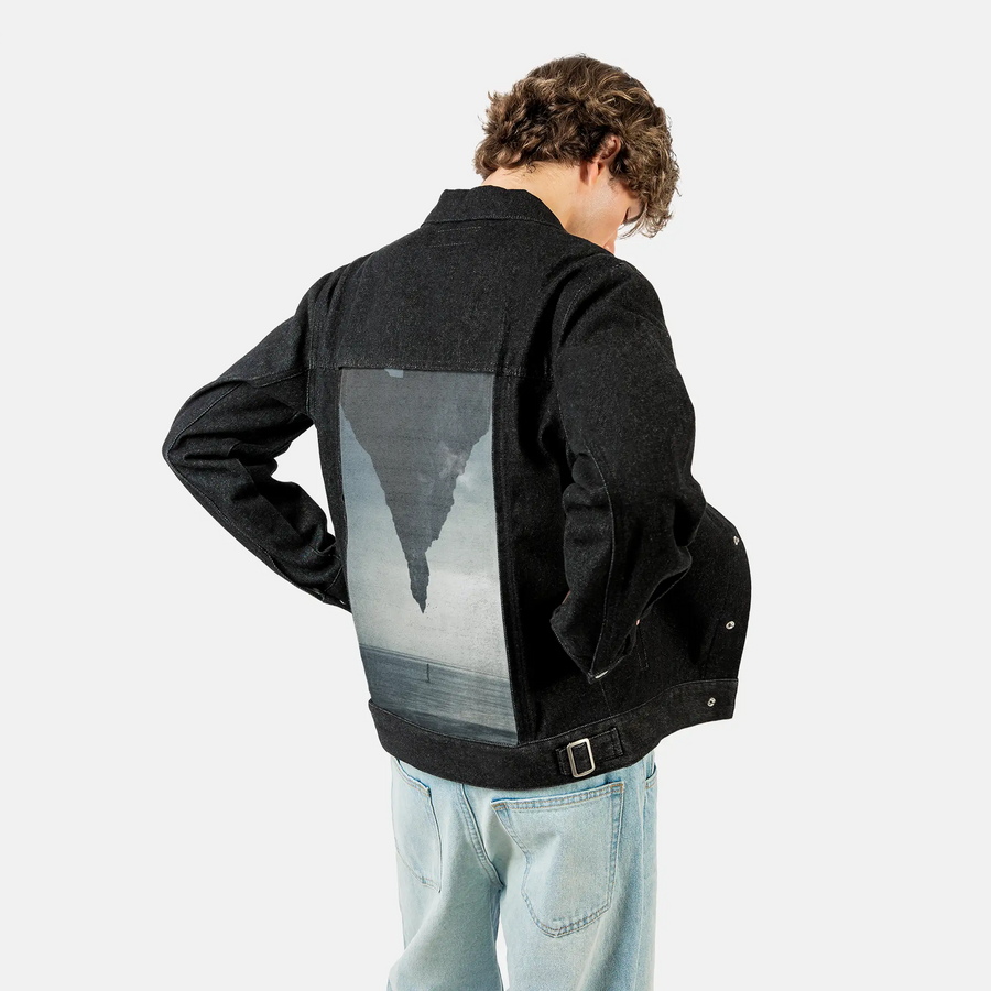 whatif patch on male og denim jacket in raven