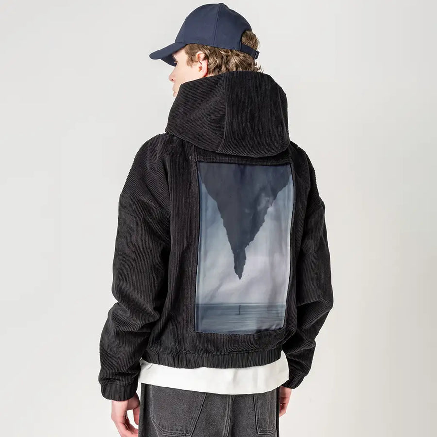 whatif patch on male retro cord hoodie in onyx