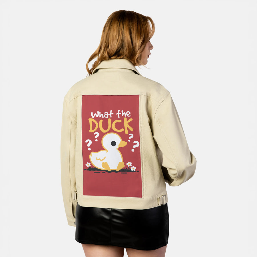 whattheduck patch on female atelier canvas jacket in tan