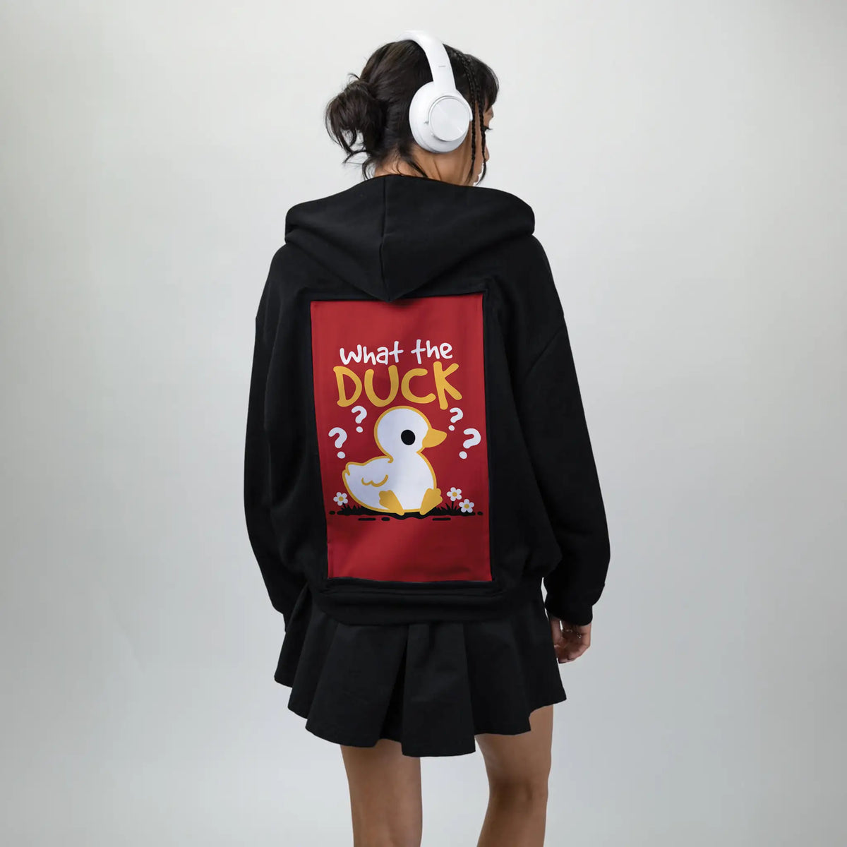 whattheduck patch on female essential zip hoodie in after hours