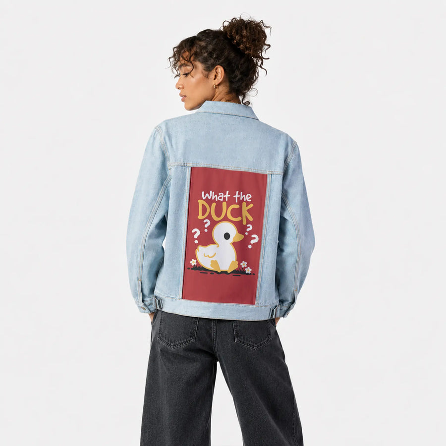 whattheduck patch on female og denim jacket in oceanside