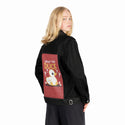 whattheduck patch on female og denim jacket in raven