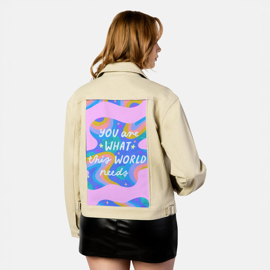 whatthisworldneeds patch on female atelier canvas jacket in tan