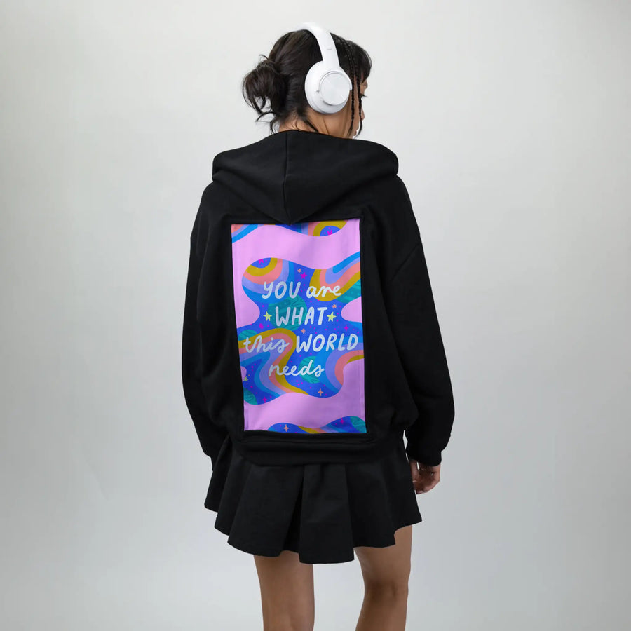 whatthisworldneeds patch on female essential zip hoodie in after hours