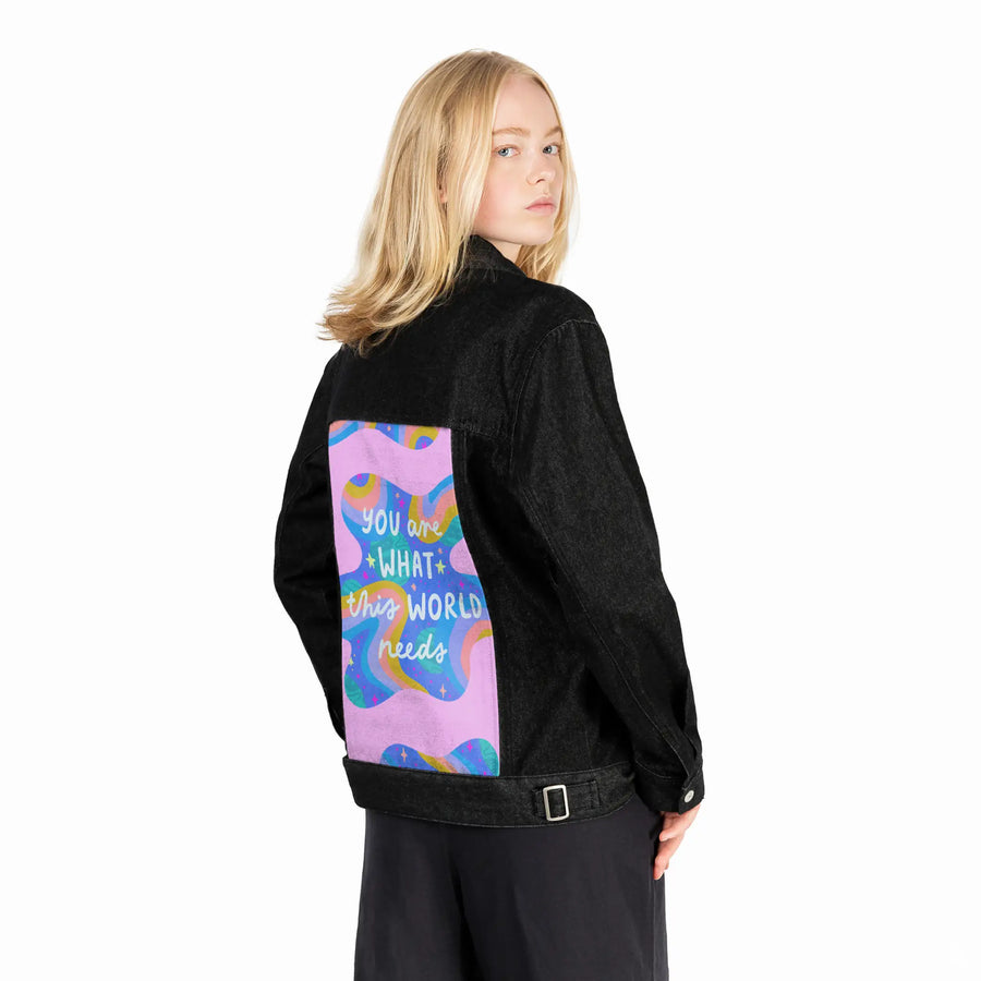 whatthisworldneeds patch on female og denim jacket in raven
