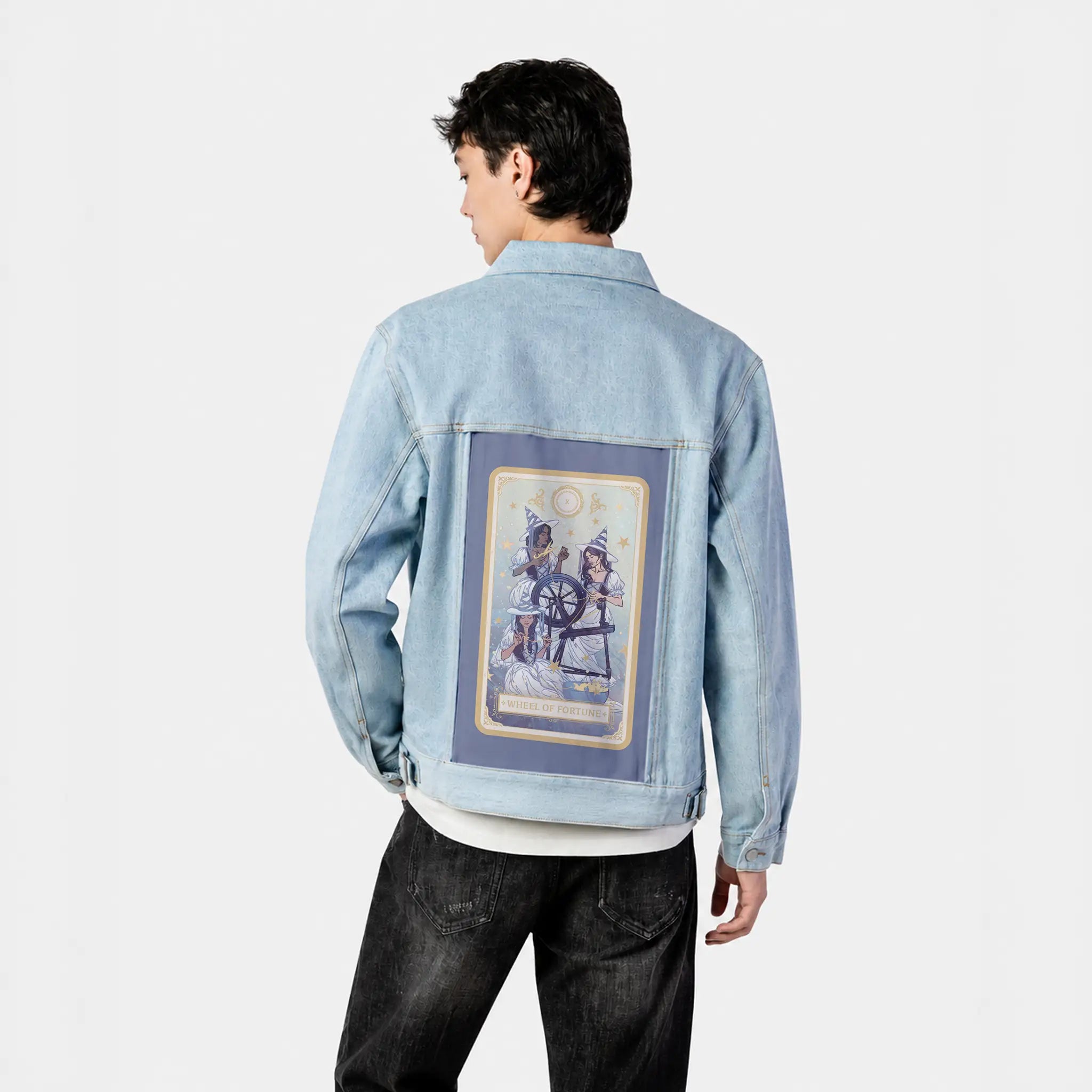 wheeloffortune patch on male og denim jacket in oceanside