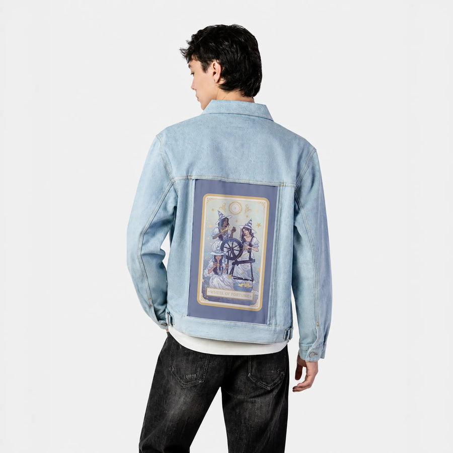 wheeloffortune patch on male og denim jacket in oceanside