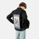 wheeloffortune patch on male og denim jacket in raven