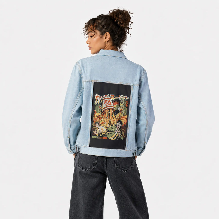 whennoodlesattack patch on female og denim jacket in oceanside