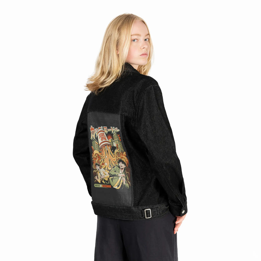 whennoodlesattack patch on female og denim jacket in raven