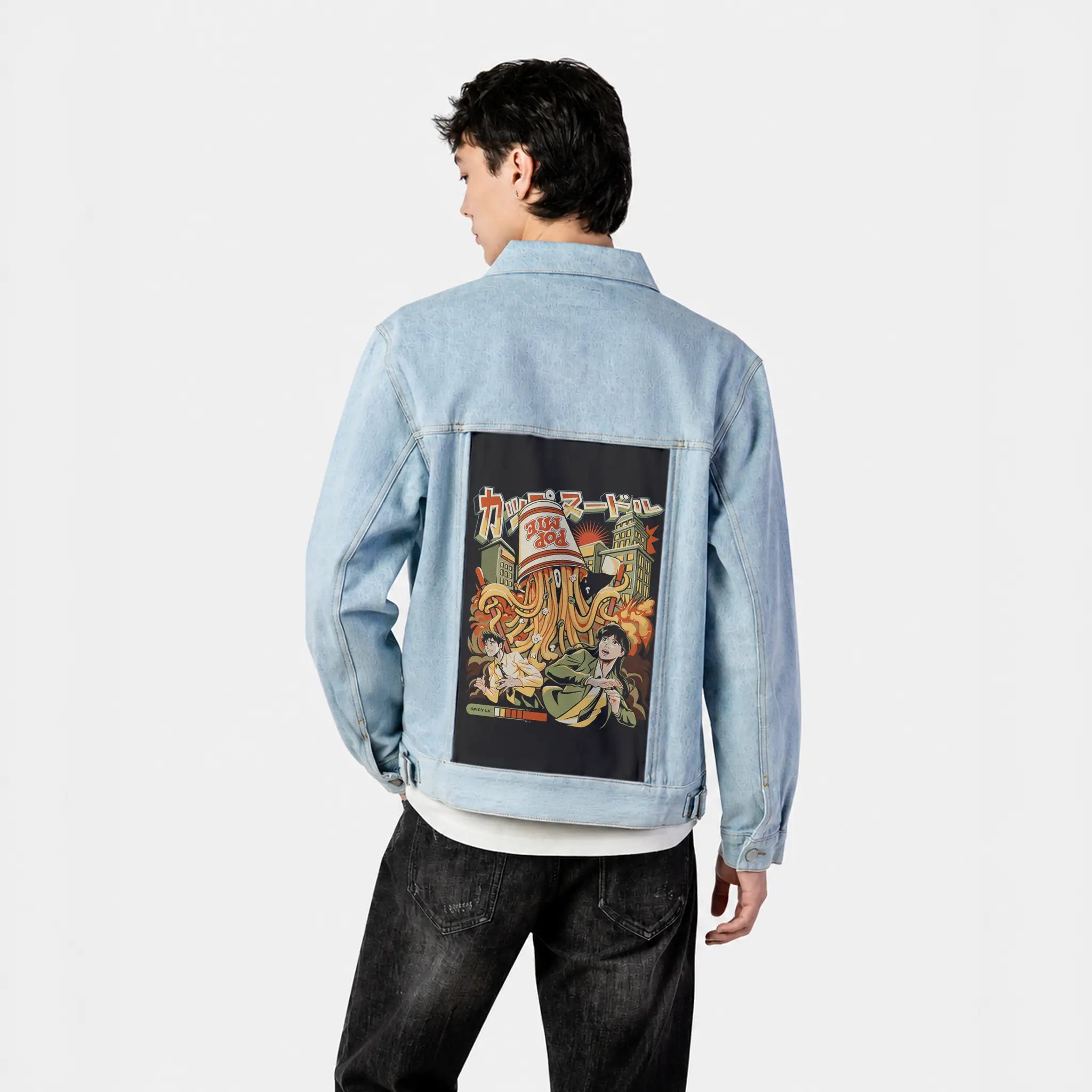 whennoodlesattack patch on male og denim jacket in oceanside