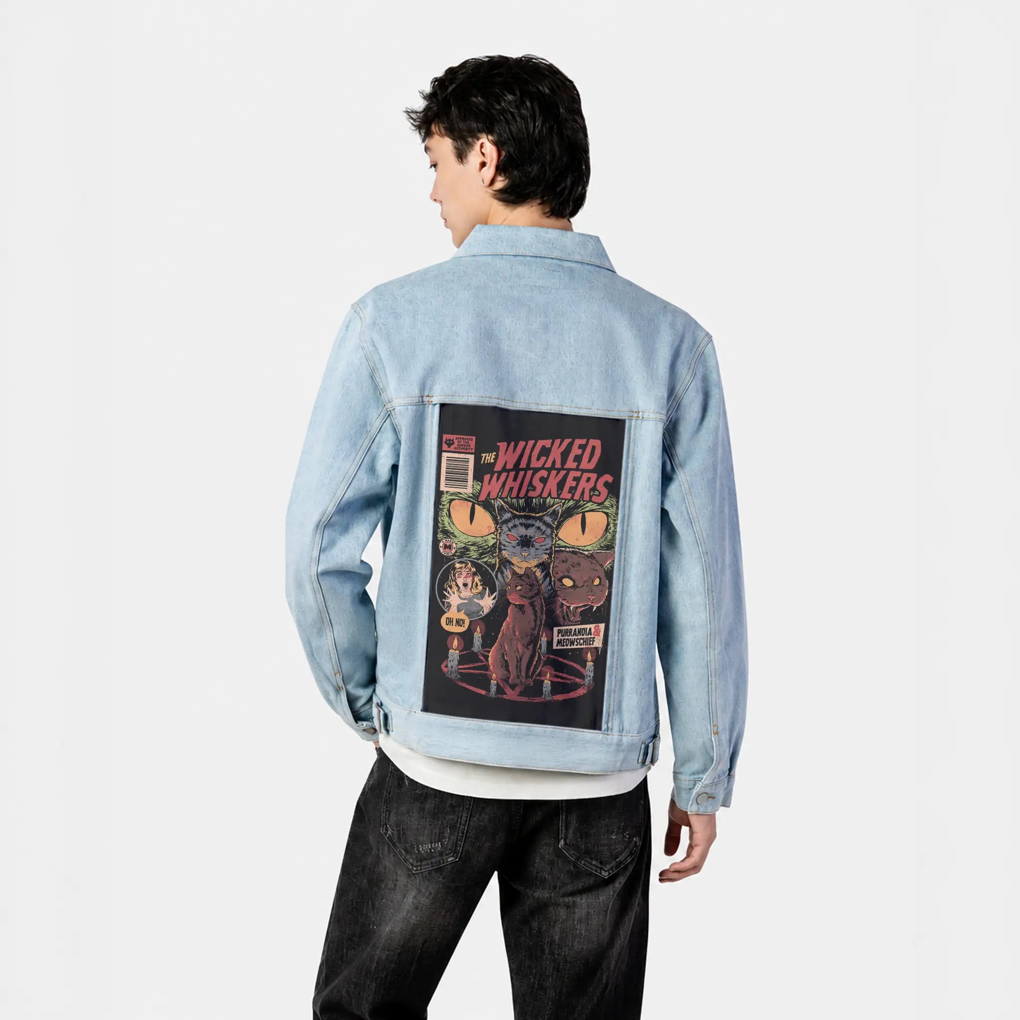 wickedwhiskers patch on male og denim jacket in oceanside