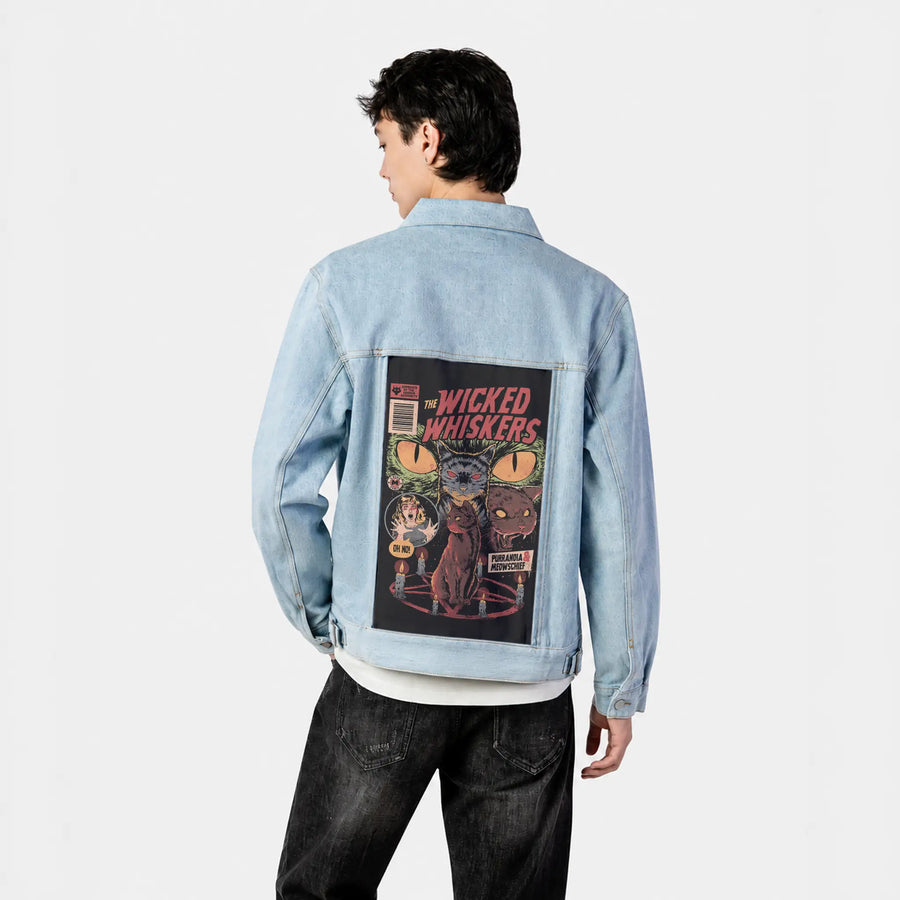 wickedwhiskers patch on male og denim jacket in oceanside