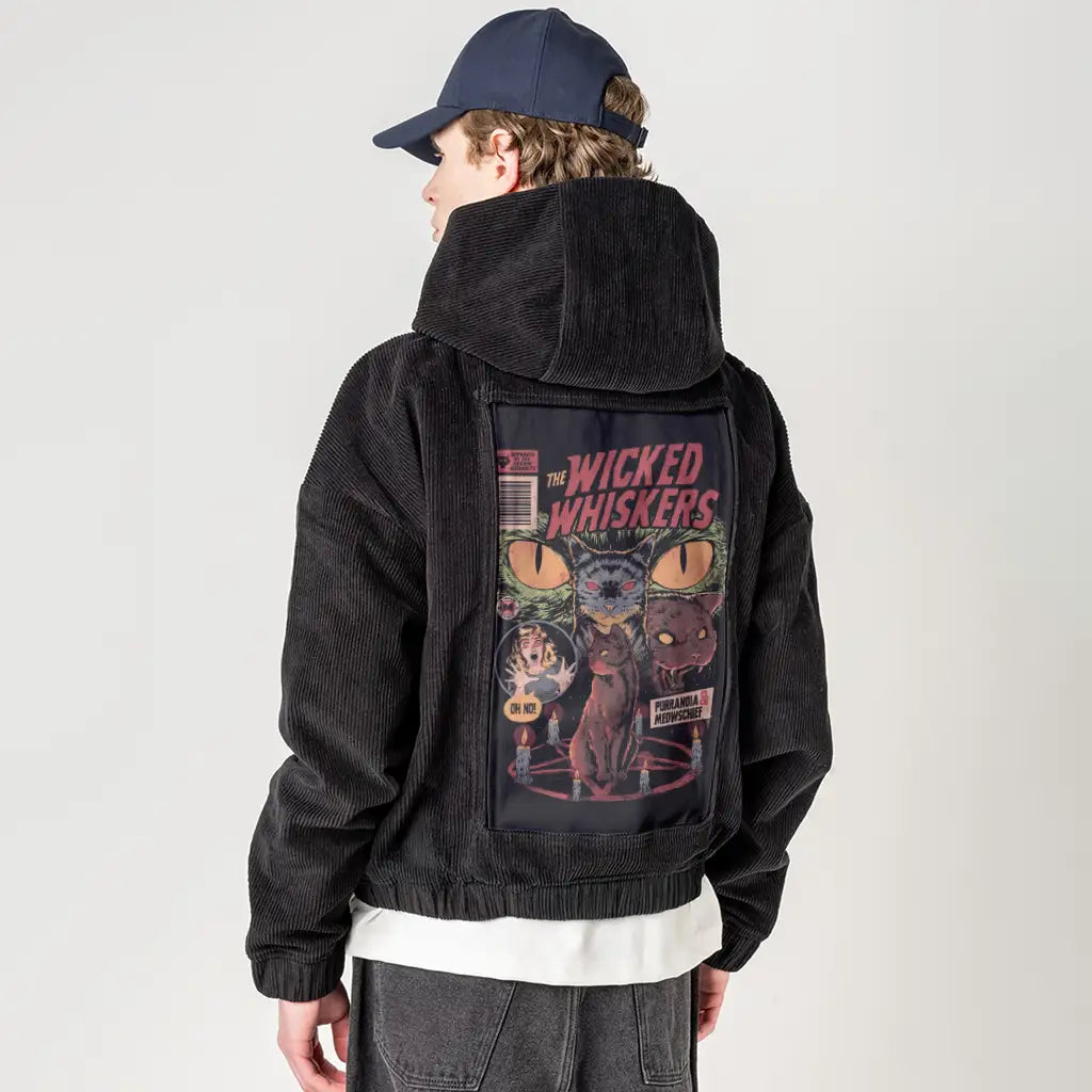 wickedwhiskers patch on male retro cord hoodie in onyx