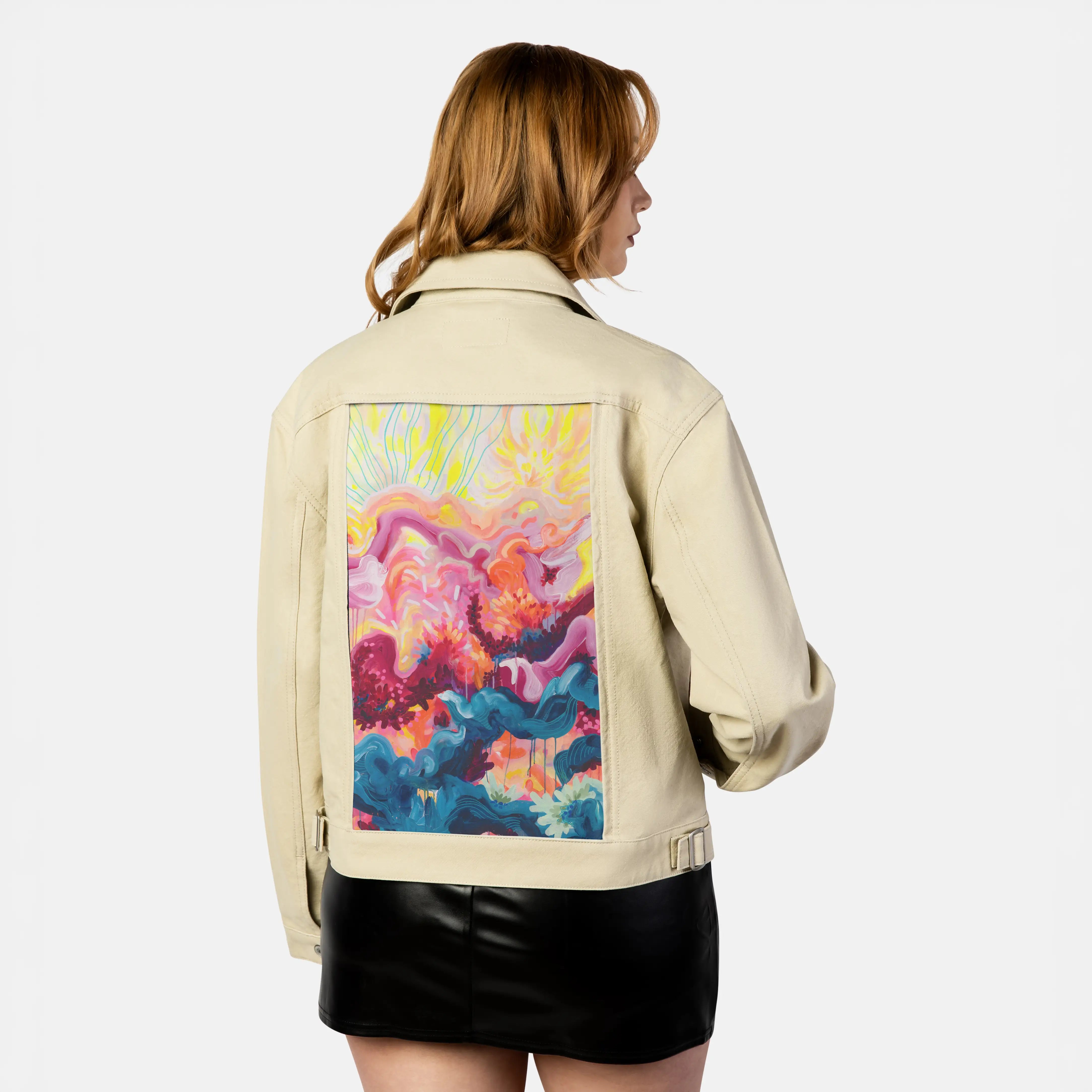wildfire patch on female atelier canvas jacket in tan