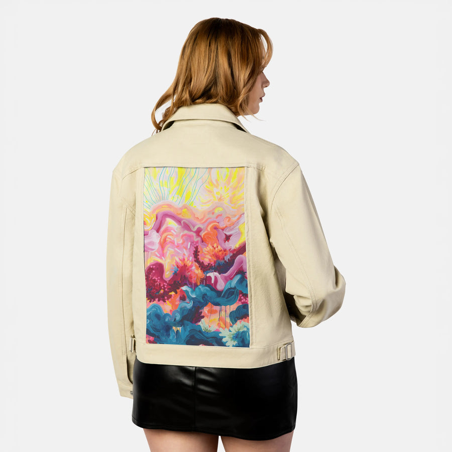 wildfire patch on female atelier canvas jacket in tan