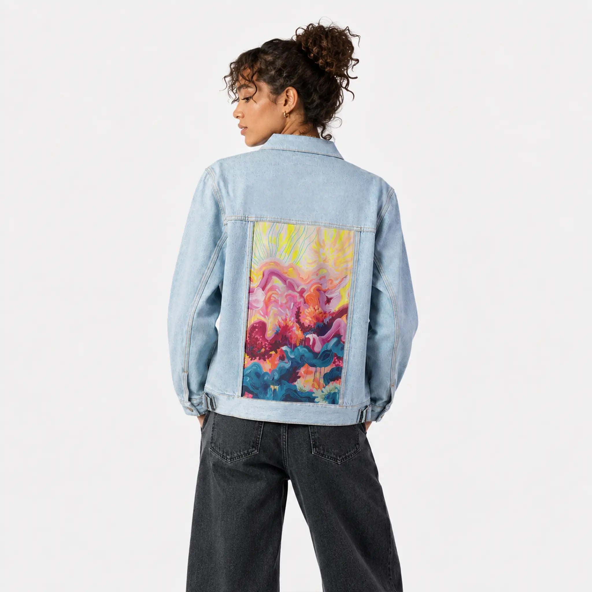 wildfire patch on female og denim jacket in oceanside
