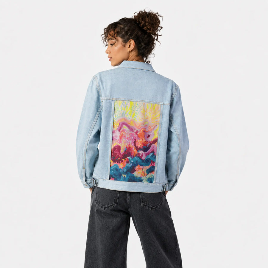 wildfire patch on female og denim jacket in oceanside