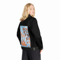 will patch on female og denim jacket in raven