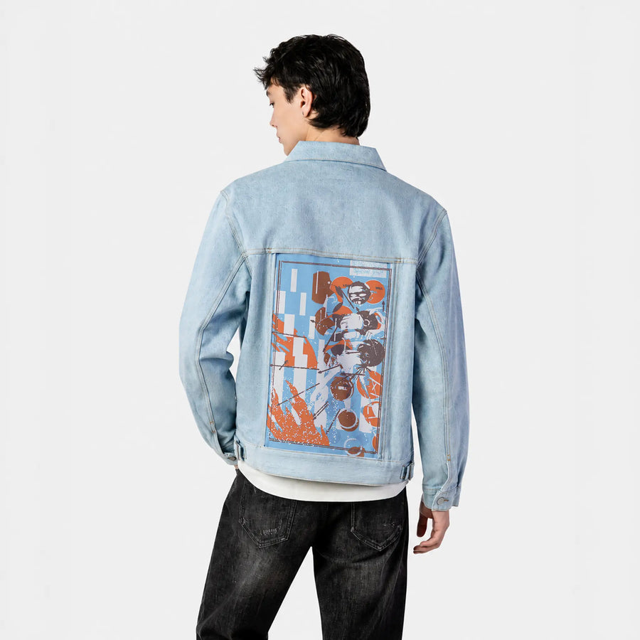 will patch on male og denim jacket in oceanside