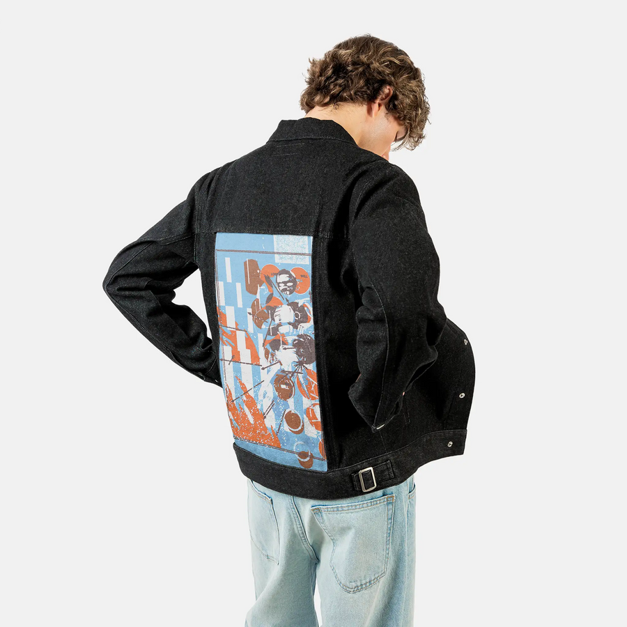 will patch on male og denim jacket in raven