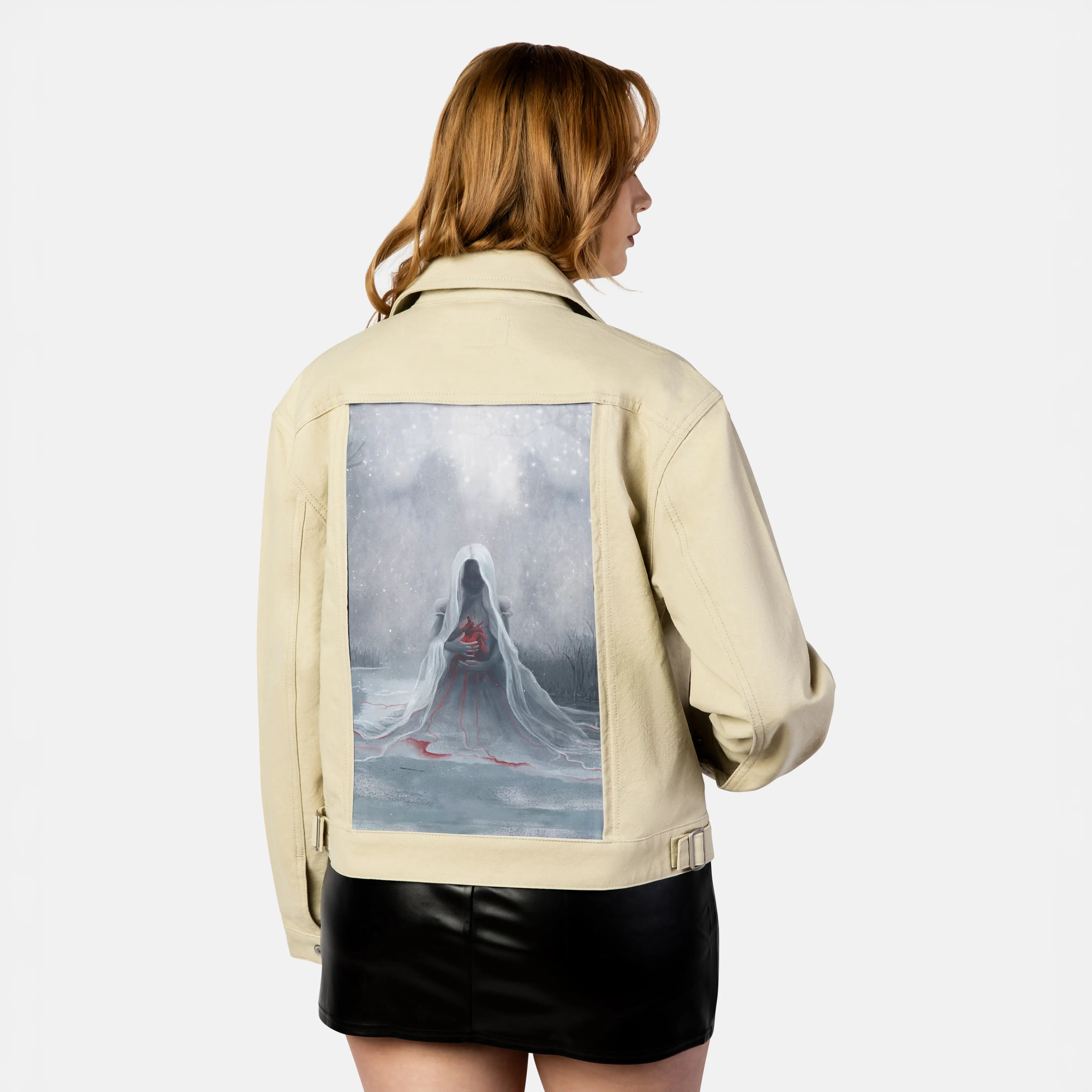 winter patch on female atelier canvas jacket in tan