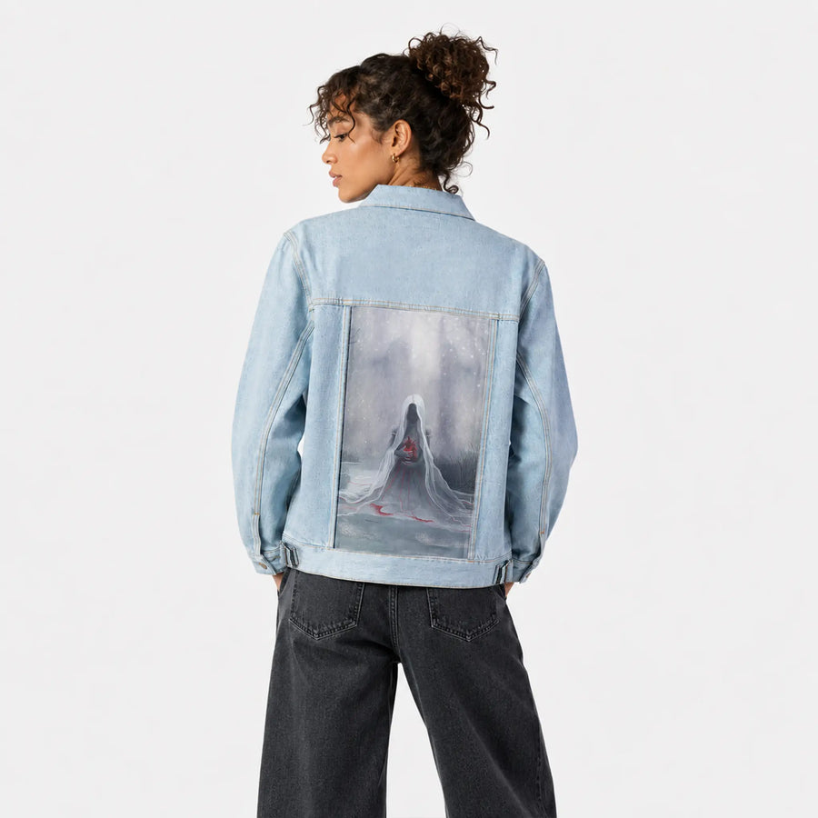 winter patch on female og denim jacket in oceanside