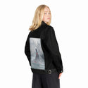 winter patch on female og denim jacket in raven