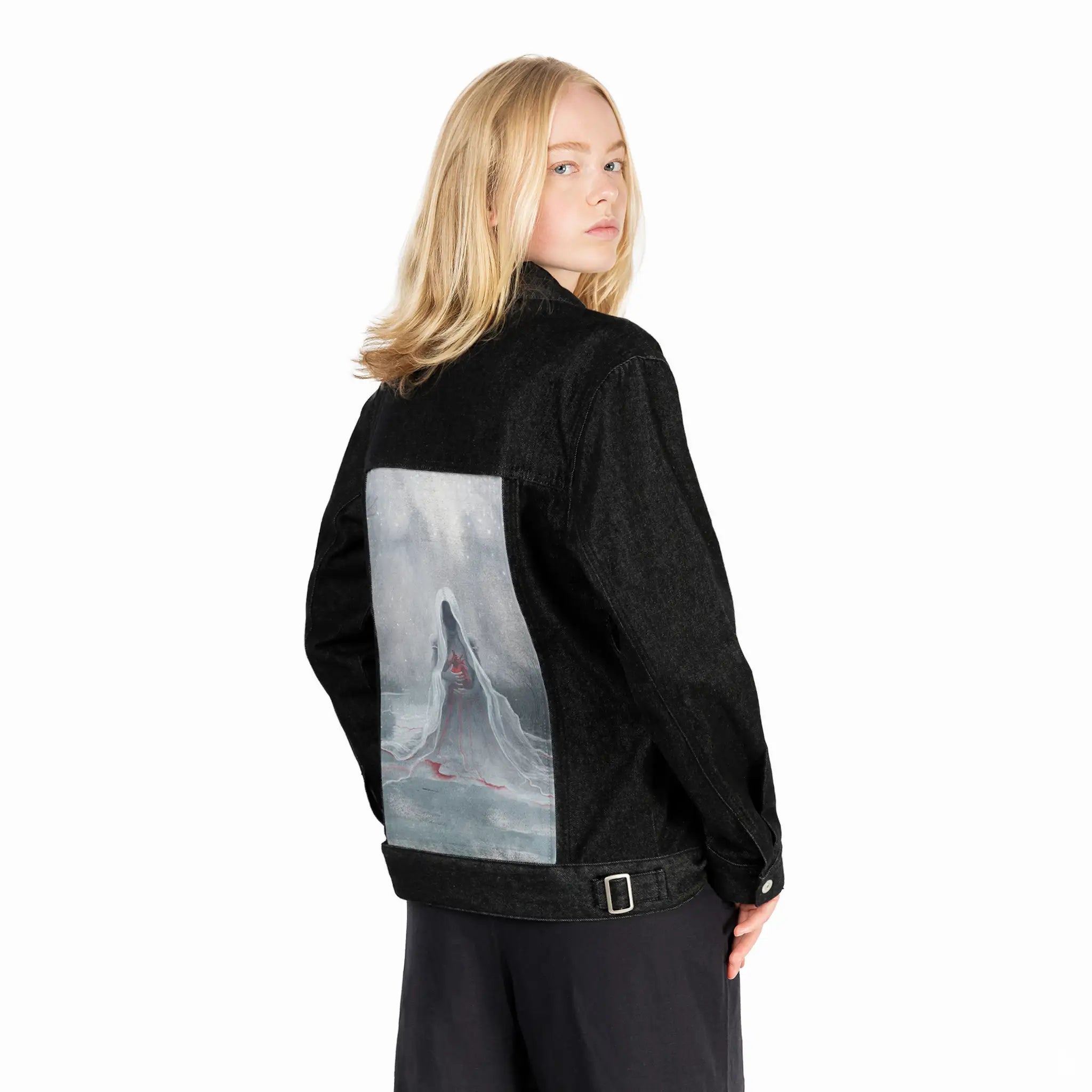 winter patch on female og denim jacket in raven
