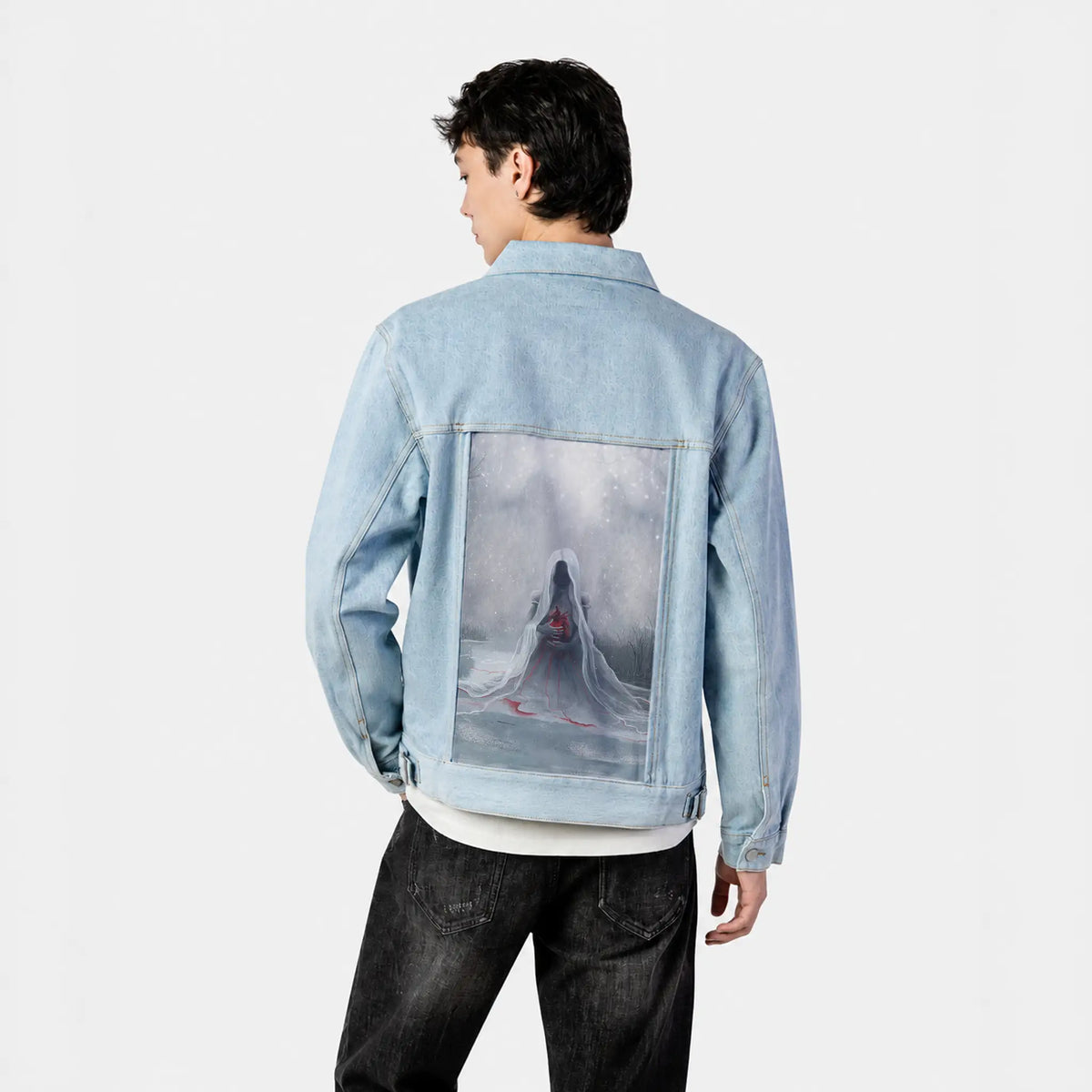 winter patch on male og denim jacket in oceanside