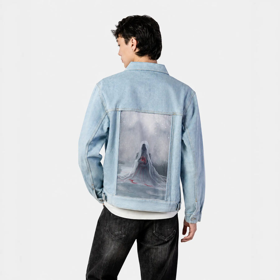 winter patch on male og denim jacket in oceanside