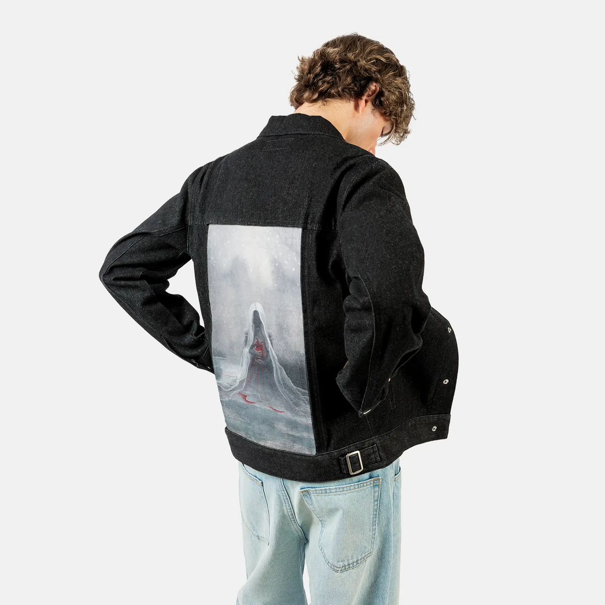 winter patch on male og denim jacket in raven