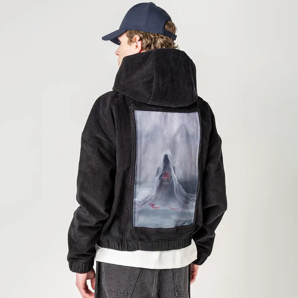 winter patch on male retro cord hoodie in onyx