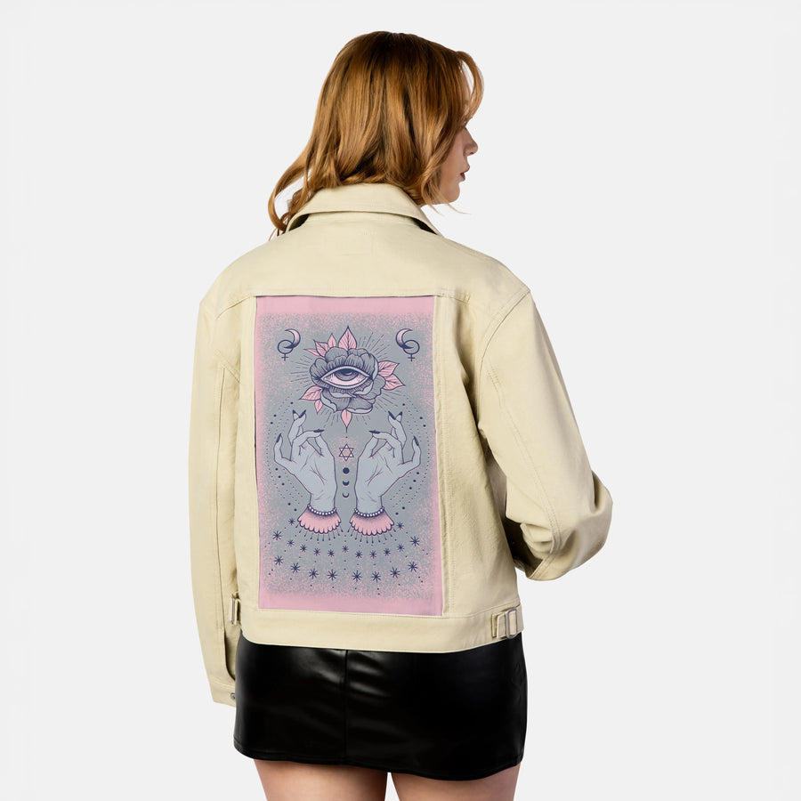 witchgirl patch on female atelier canvas jacket in tan