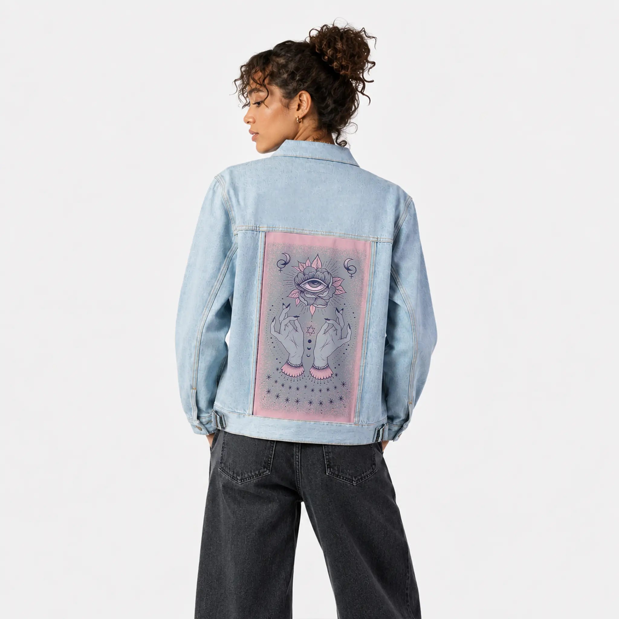 witchgirl patch on female og denim jacket in oceanside