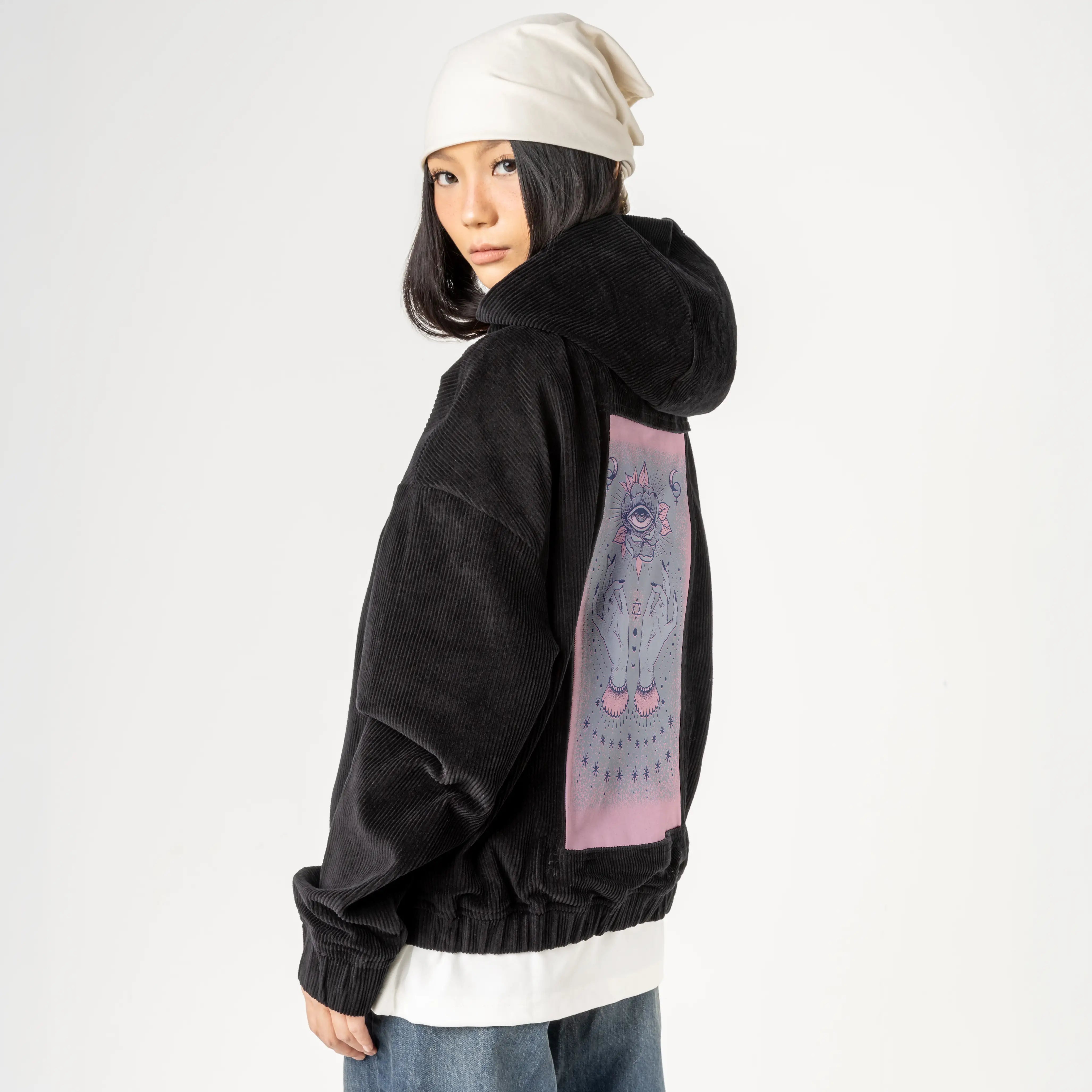 witchgirl patch on female retro cord hoodie in onyx