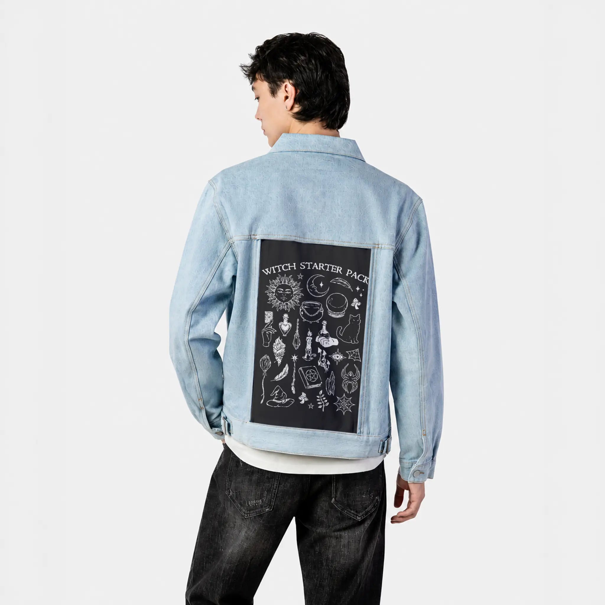 witchstarterpack patch on male og denim jacket in oceanside